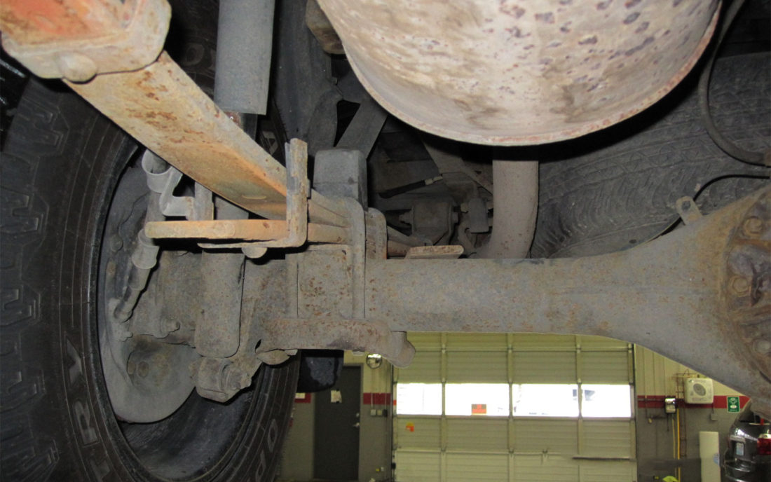 A broken leafspring on a Toyota Tacoma